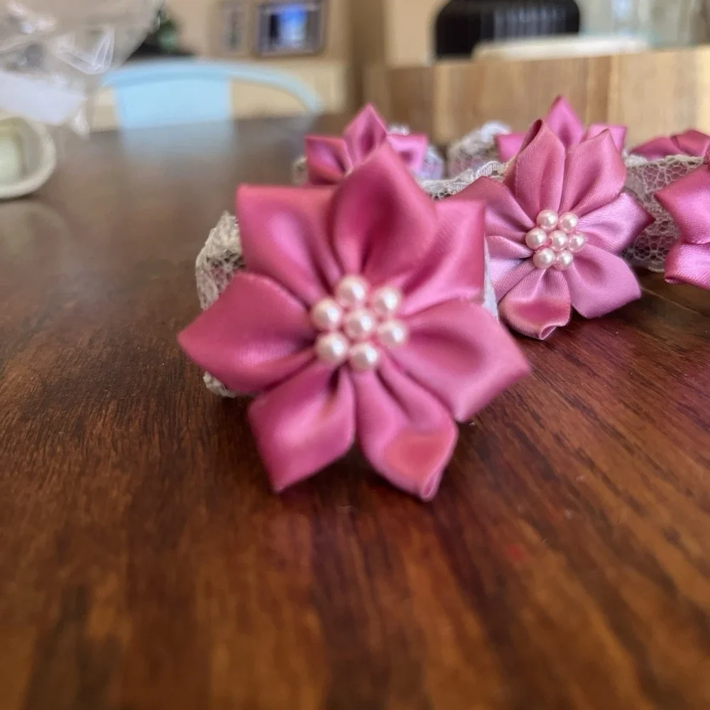 Handmade Pink Flower With Lace Napkins Rings Set Of 7